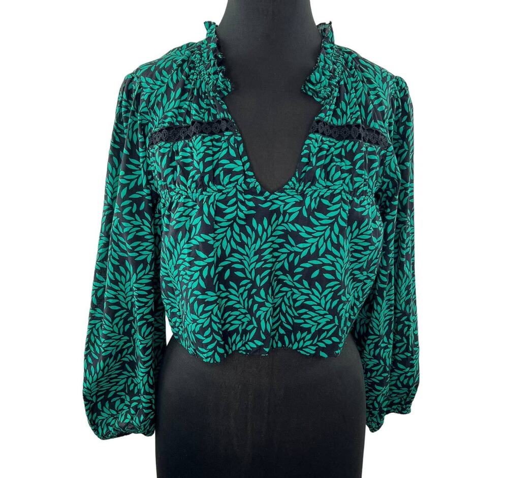 JOIE Green & Black Leaf Print V-Neck Long Sleeve Blouse Crochet Inset Altered XS